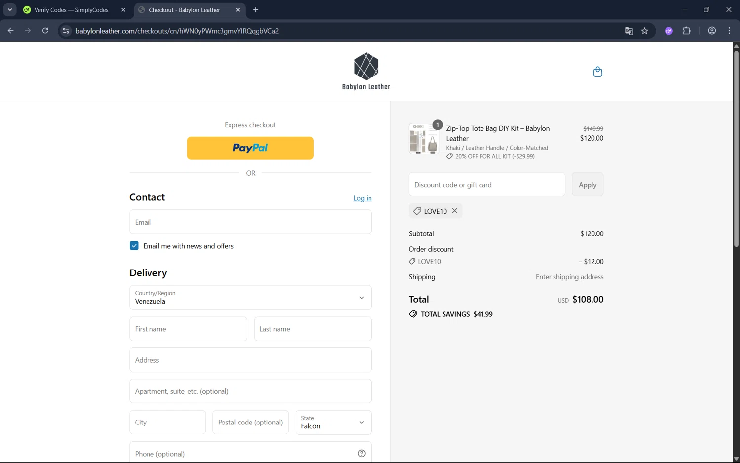 Babylon Leather coupon code screenshot showing code LOVE10 applied at Babylon Leather checkout page. Uploaded by SimplyCodes community member juan1702 on Jul 24, 2025
