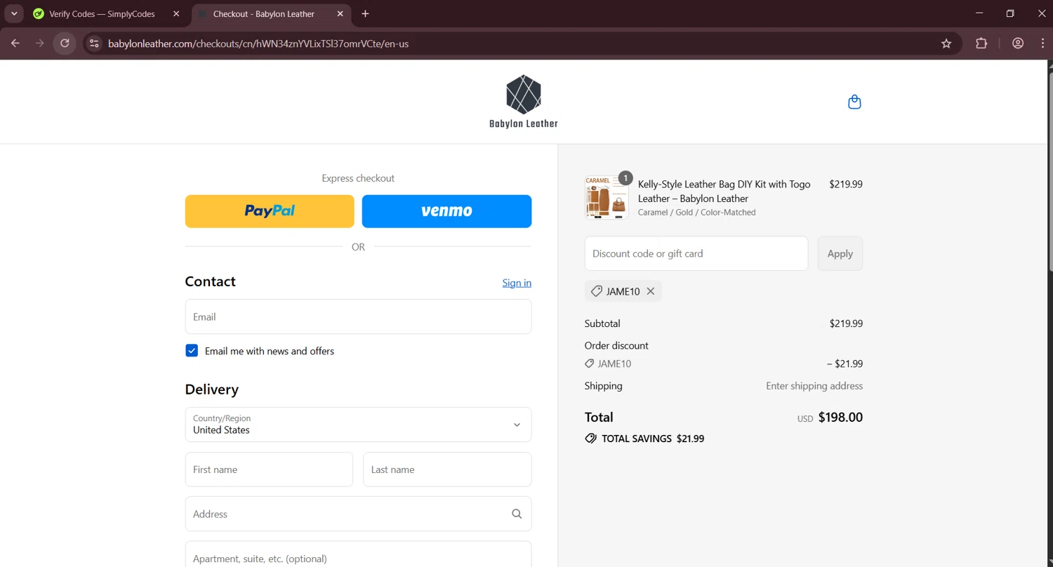 Babylon Leather coupon code screenshot showing code Jame10 applied at Babylon Leather checkout page. Uploaded by SimplyCodes community member LuckyNavigator1490 on Sep 17, 2025