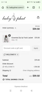 WELCOME15 coupon verification screenshot