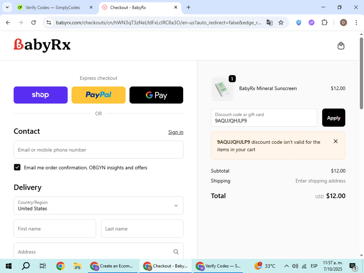BabyRx promo code screenshot showing code 9AQUJQHJLP9 applied at BabyRx checkout page. Uploaded by SimplyCodes community member BrilliantWizard8884 on Oct 7, 2025