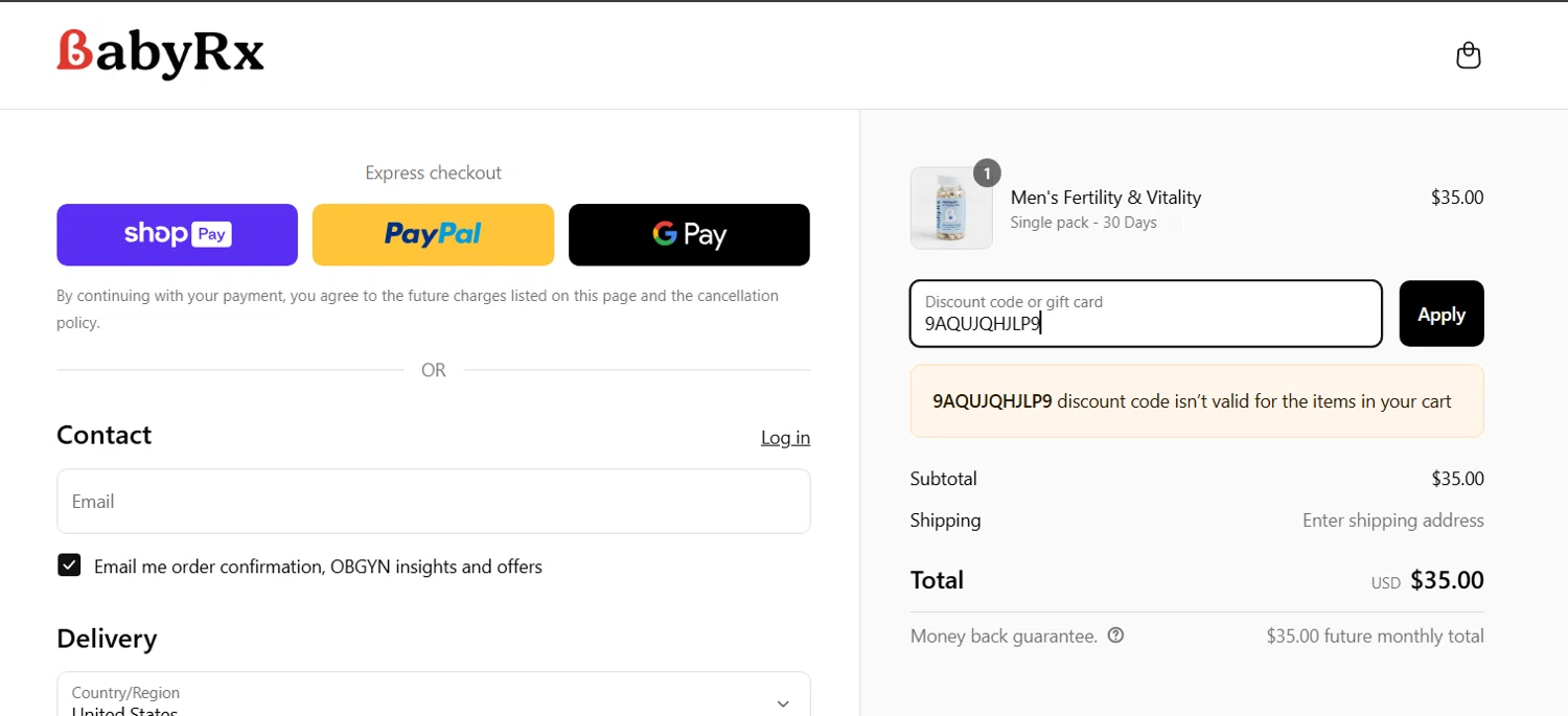 BabyRx promo code screenshot showing code 9AQUJQHJLP9 applied at BabyRx checkout page. Uploaded by SimplyCodes community member LieutenantGhost on Mar 15, 2025