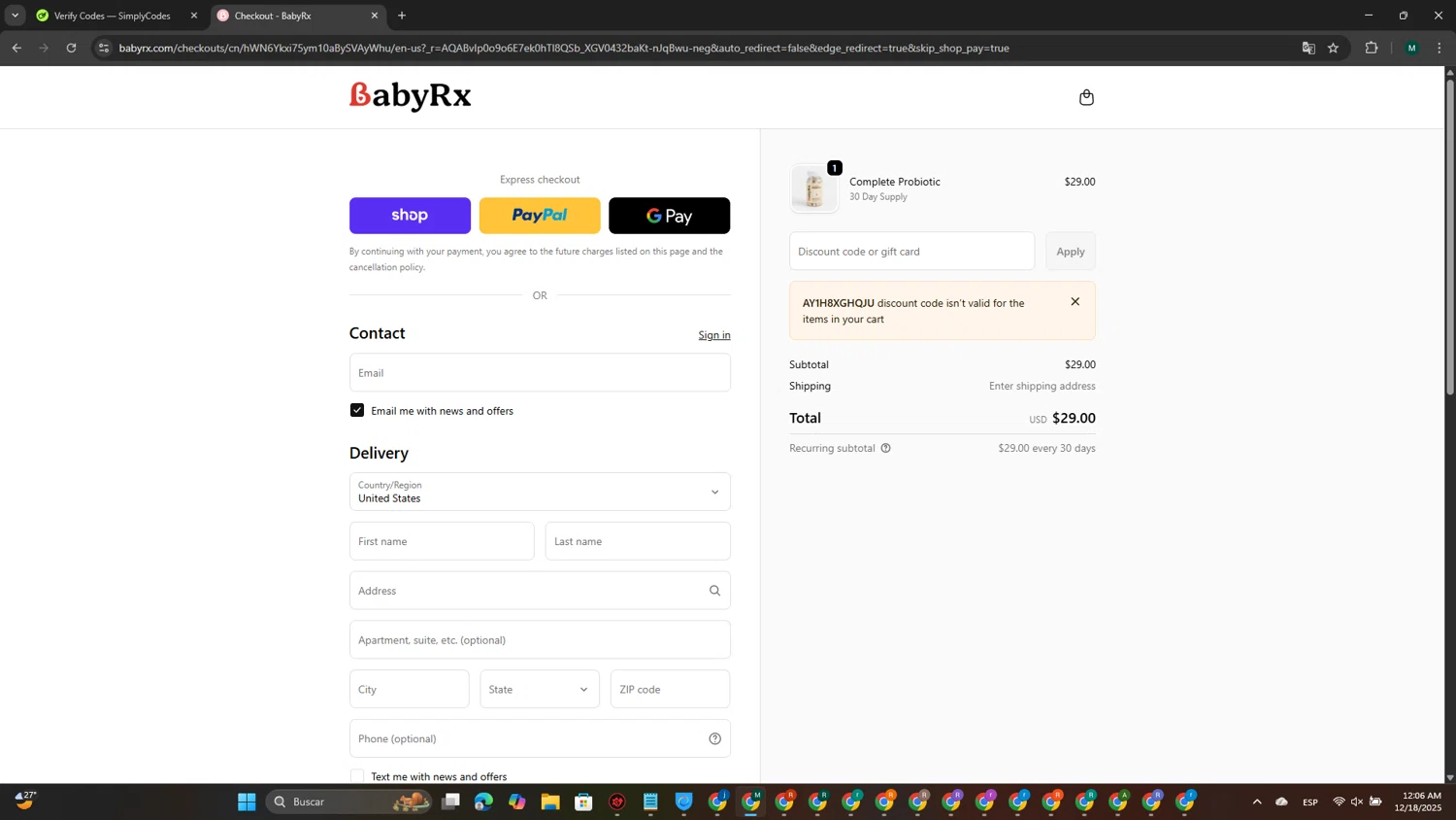 BabyRx promo code screenshot showing code AY1H8XGHQJU applied at BabyRx checkout page. Uploaded by SimplyCodes community member MDLECHUZA on Dec 18, 2025