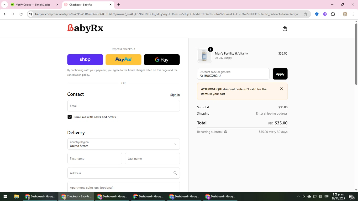 BabyRx promo code screenshot showing code AY1H8XGHQJU applied at BabyRx checkout page. Uploaded by SimplyCodes community member NobleScholar4826 on Nov 20, 2025