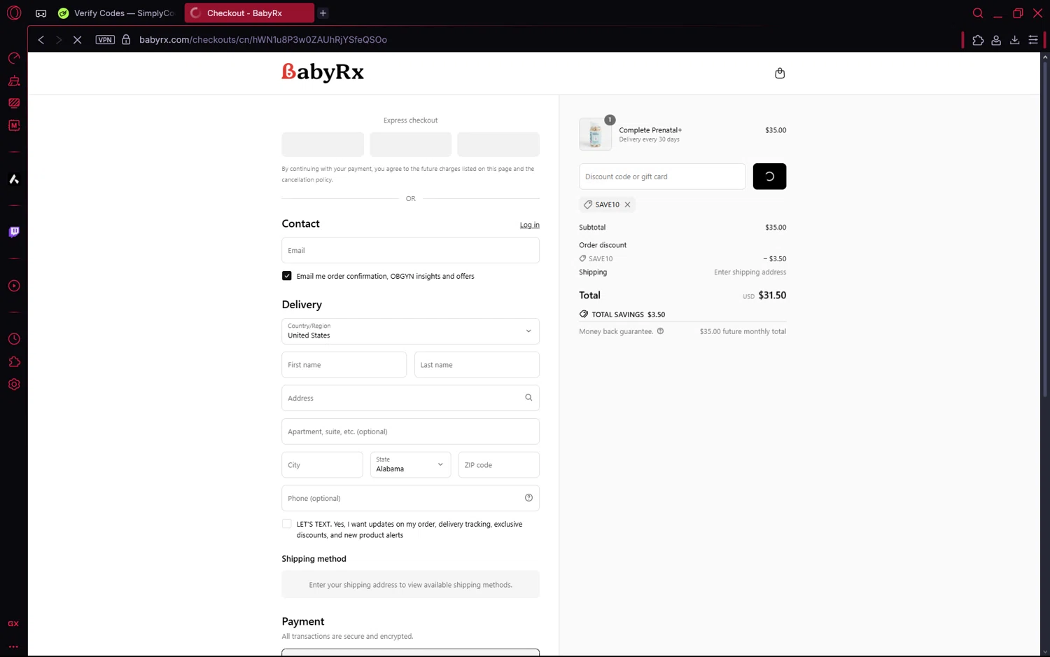 BabyRx promo code screenshot showing code save10 applied at BabyRx checkout page. Uploaded by SimplyCodes community member frijolito on Aug 17, 2025
