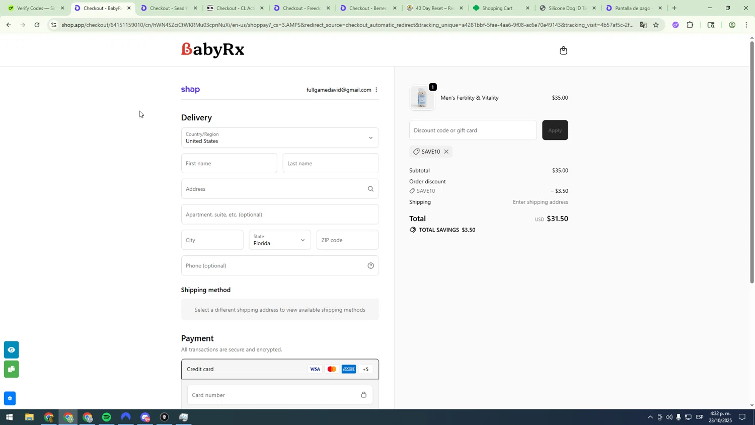 BabyRx promo code screenshot showing code save10 applied at BabyRx checkout page. Uploaded by SimplyCodes community member sfdfgdsfgdfgdfg on Oct 23, 2025