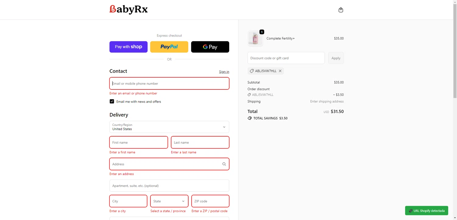 BabyRx promo code screenshot showing code ABLJ5VW7HLL applied at BabyRx checkout page. Uploaded by SimplyCodes community member NobleMaestro6498 on Jan 10, 2026