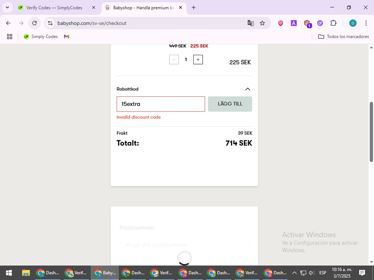 Babyshop promo code screenshot showing code 15extra applied at Babyshop checkout page. Uploaded by SimplyCodes community member BudgetSeeker9524 on Jul 3, 2025