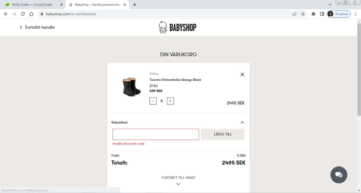 Babyshop promo code screenshot showing code EXTRA10 applied at Babyshop checkout page. Uploaded by SimplyCodes community member PrimeAdmiral8733 on Dec 2, 2025