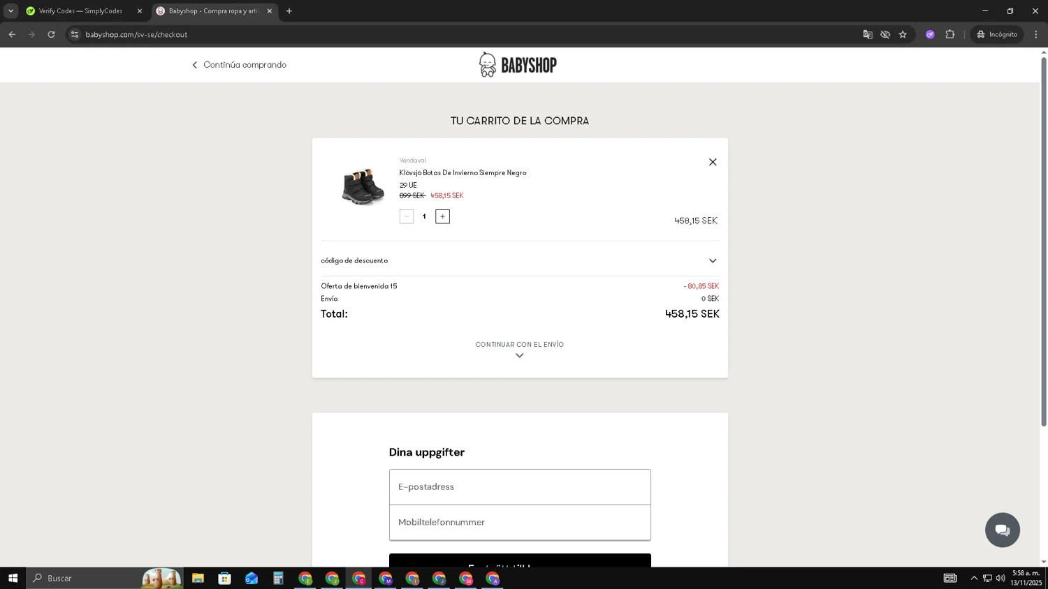Babyshop promo code screenshot showing code G5B36K9 applied at Babyshop checkout page. Uploaded by SimplyCodes community member TOROREX250 on Nov 13, 2025