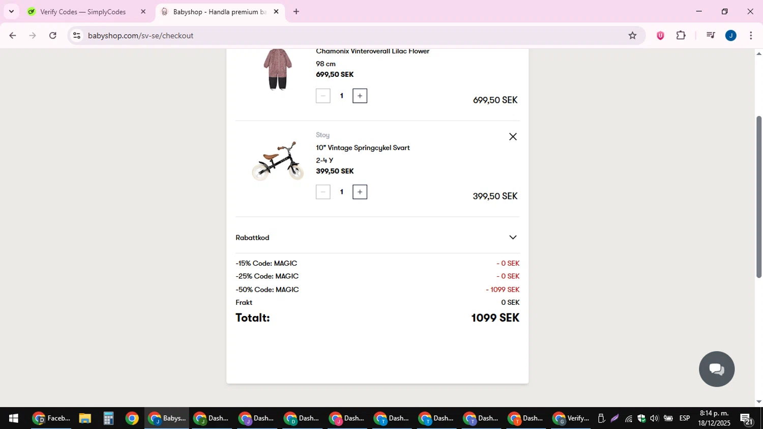 Babyshop promo code screenshot showing code MAGIC applied at Babyshop checkout page. Uploaded by SimplyCodes community member noesmith34ur on Dec 19, 2025
