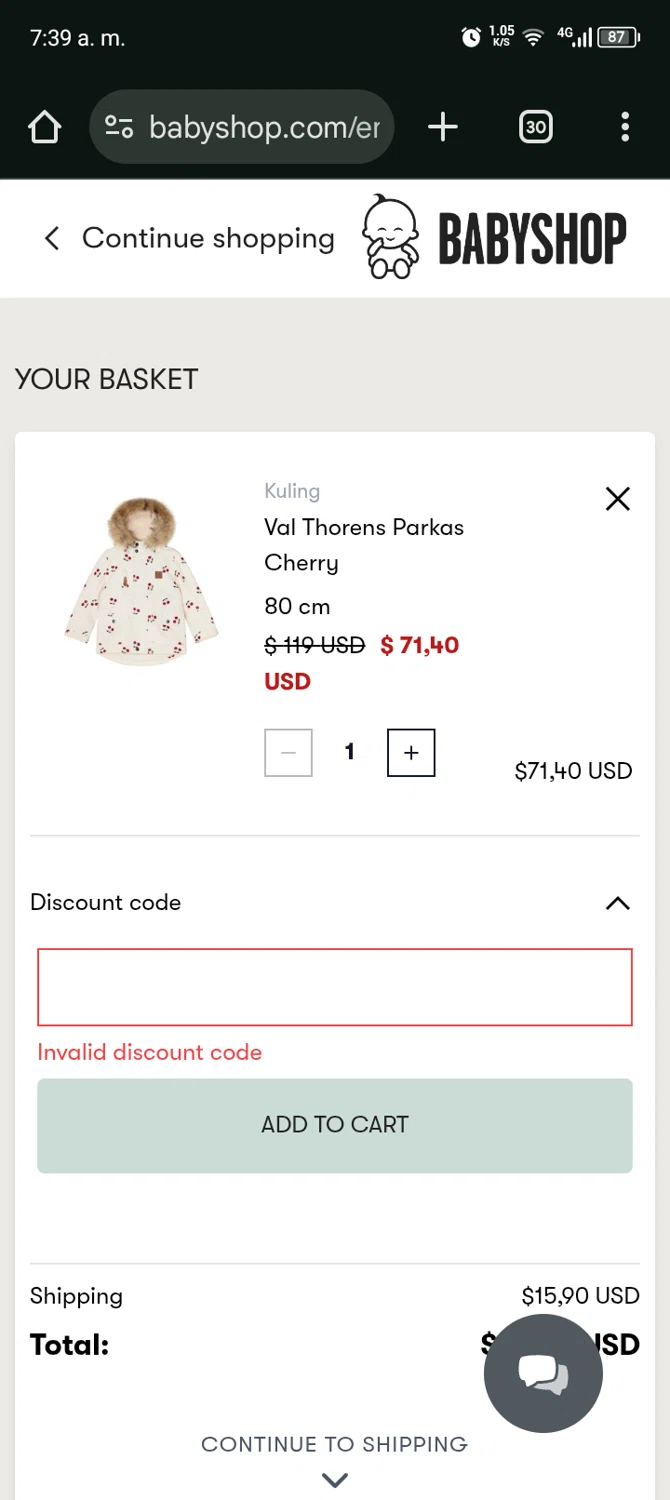 Babyshop promo code screenshot showing code RAOK1G5 applied at Babyshop checkout page. Uploaded by SimplyCodes community member Bernado on Jan 14, 2026