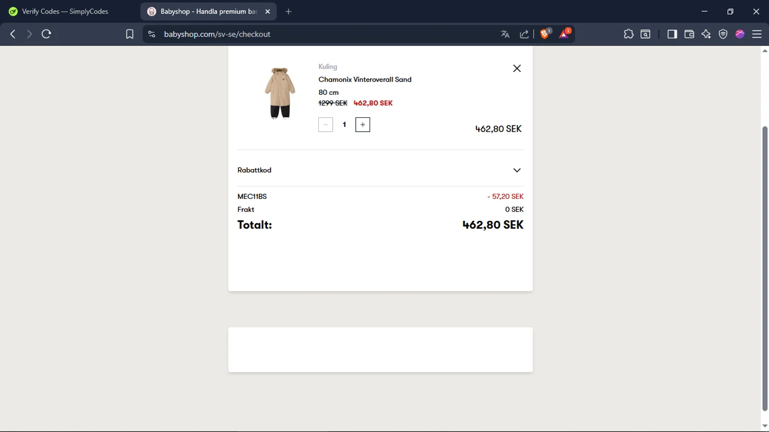 Babyshop checkout page showing Babyshop promo code box | Screenshot taken by SimplyCodes community member on Feb 7, 2026