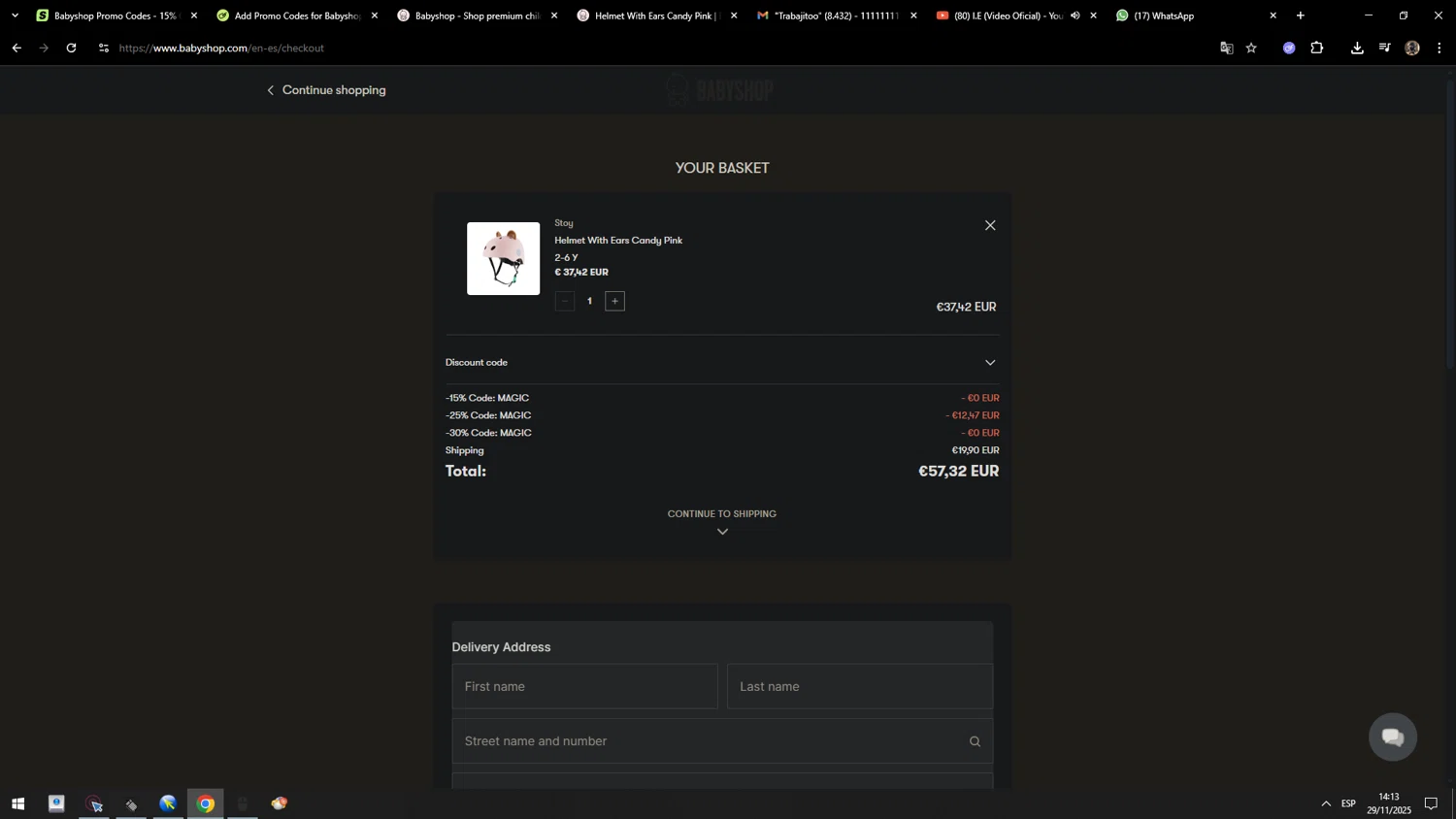 Babyshop promo code screenshot showing code MAGIC applied at Babyshop checkout page. Uploaded by SimplyCodes community member MarcosAranguren on Nov 29, 2025