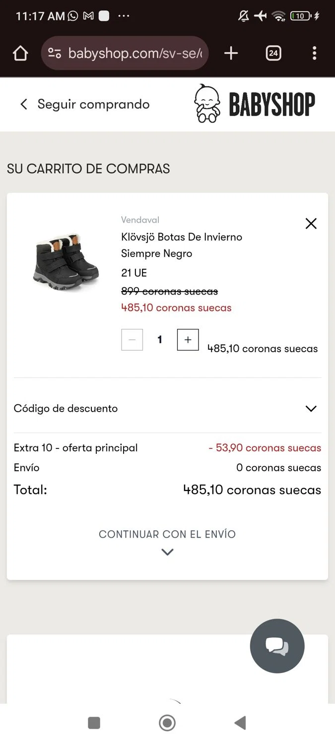 Babyshop promo code screenshot showing code Extra10 applied at Babyshop checkout page. Uploaded by SimplyCodes community member josegarcia6 on Nov 25, 2025