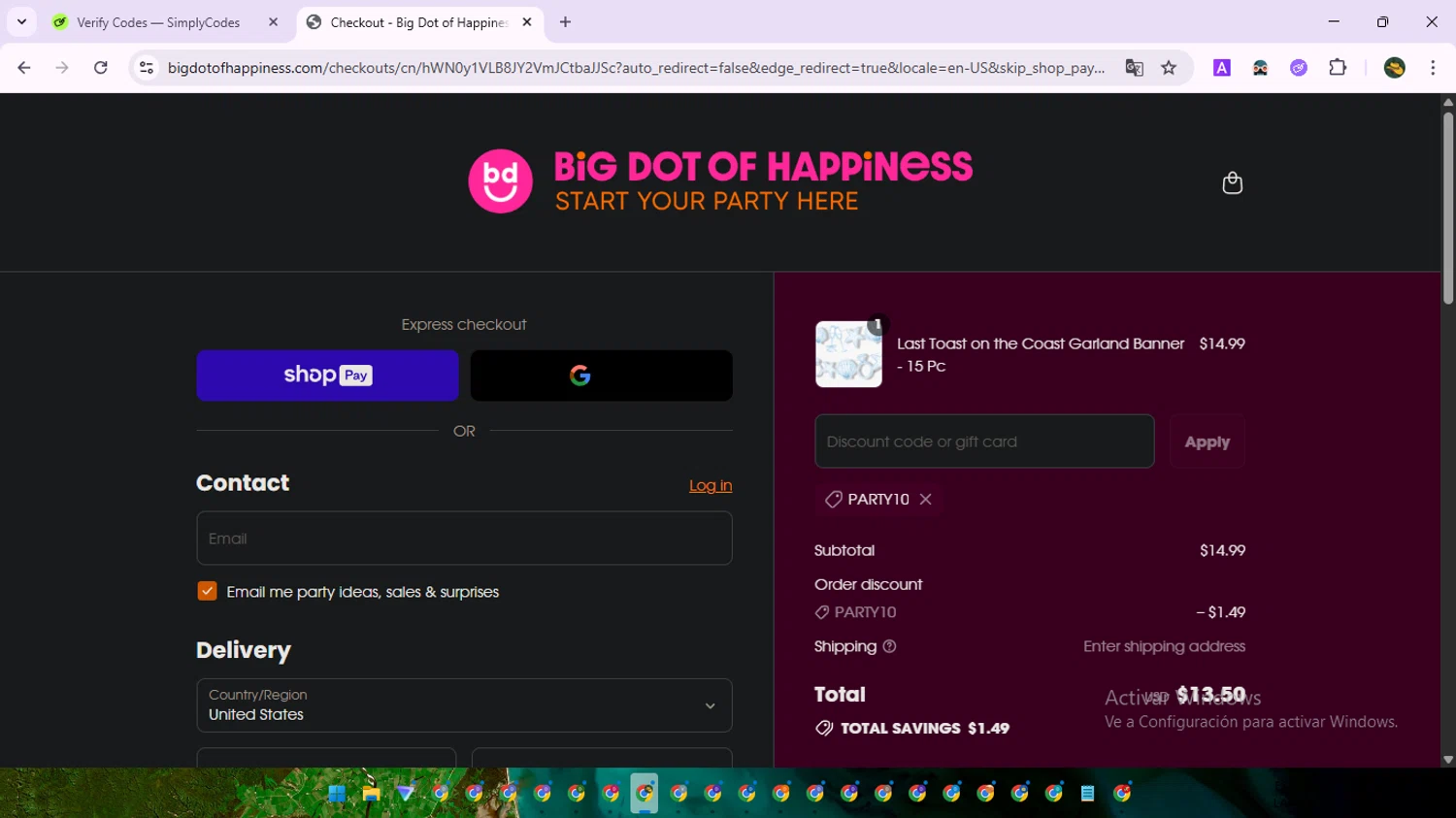 BabyShowerStuff.com promo code screenshot showing code PARTY10 applied at BabyShowerStuff.com checkout page. Uploaded by SimplyCodes community member RewardNavigator9728 on Jul 23, 2025