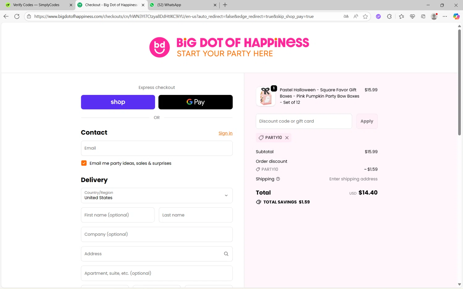BabyShowerStuff.com promo code screenshot showing code PARTY10 applied at BabyShowerStuff.com checkout page. Uploaded by SimplyCodes community member juanx1702 on Sep 29, 2025