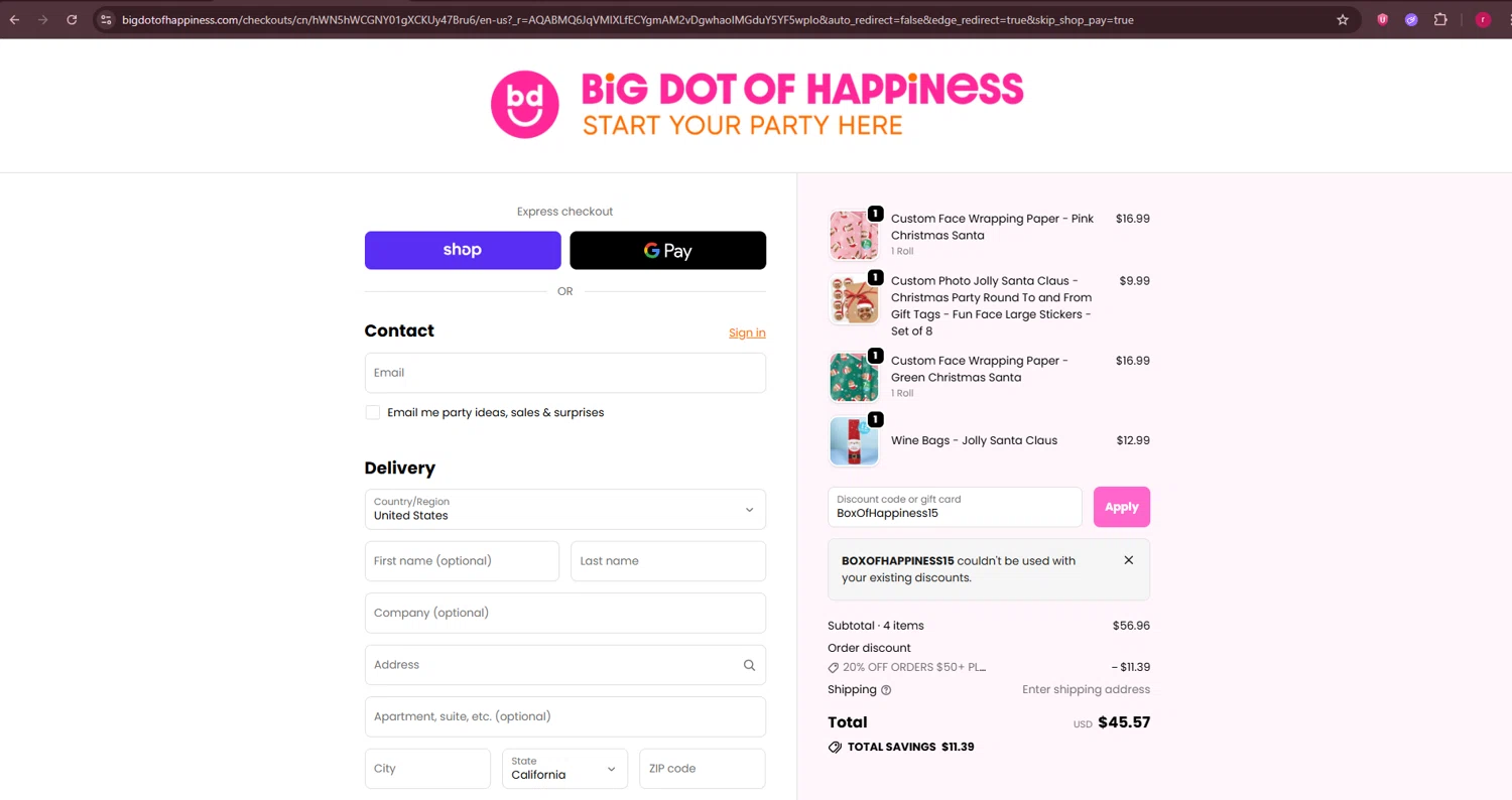 BabyShowerStuff.com promo code screenshot showing code BoxOfHappiness15 applied at BabyShowerStuff.com checkout page. Uploaded by SimplyCodes community member LegendaryMaven4314 on Nov 25, 2025