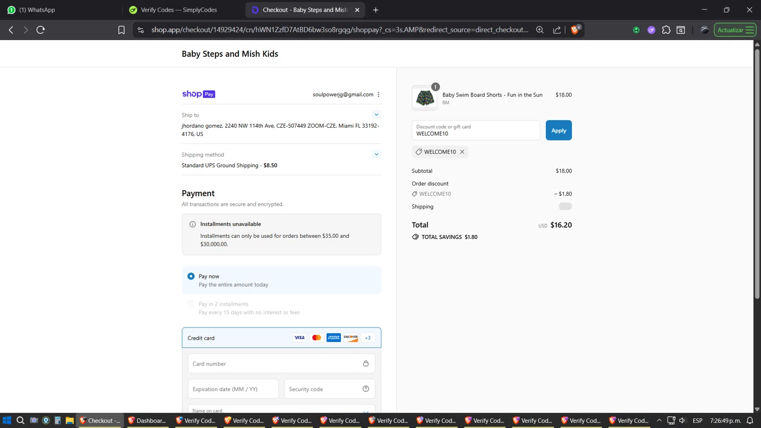 Baby Steps and Mish Kids promo code screenshot showing code WELCOME10 applied at Baby Steps and Mish Kids checkout page. Uploaded by SimplyCodes community member SimplyGOAT on Aug 8, 2025