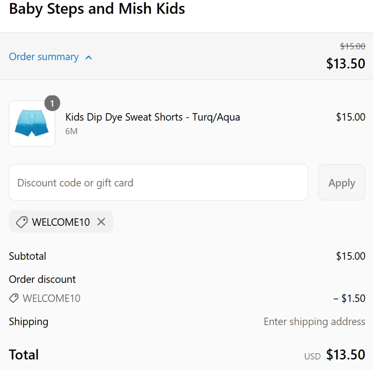 Baby Steps and Mish Kids promo code screenshot showing code WELCOME10 applied at Baby Steps and Mish Kids checkout page. Uploaded by SimplyCodes community member dragonjeffer_93a9 on Aug 26, 2025
