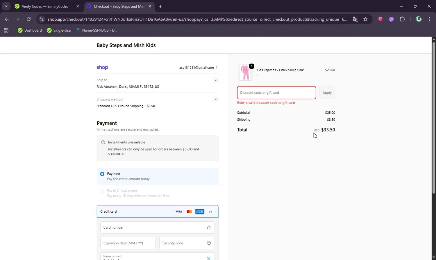 Baby Steps and Mish Kids promo code screenshot showing code SUMMER applied at Baby Steps and Mish Kids checkout page. Uploaded by SimplyCodes community member BudgetWizard6950 on Oct 6, 2025