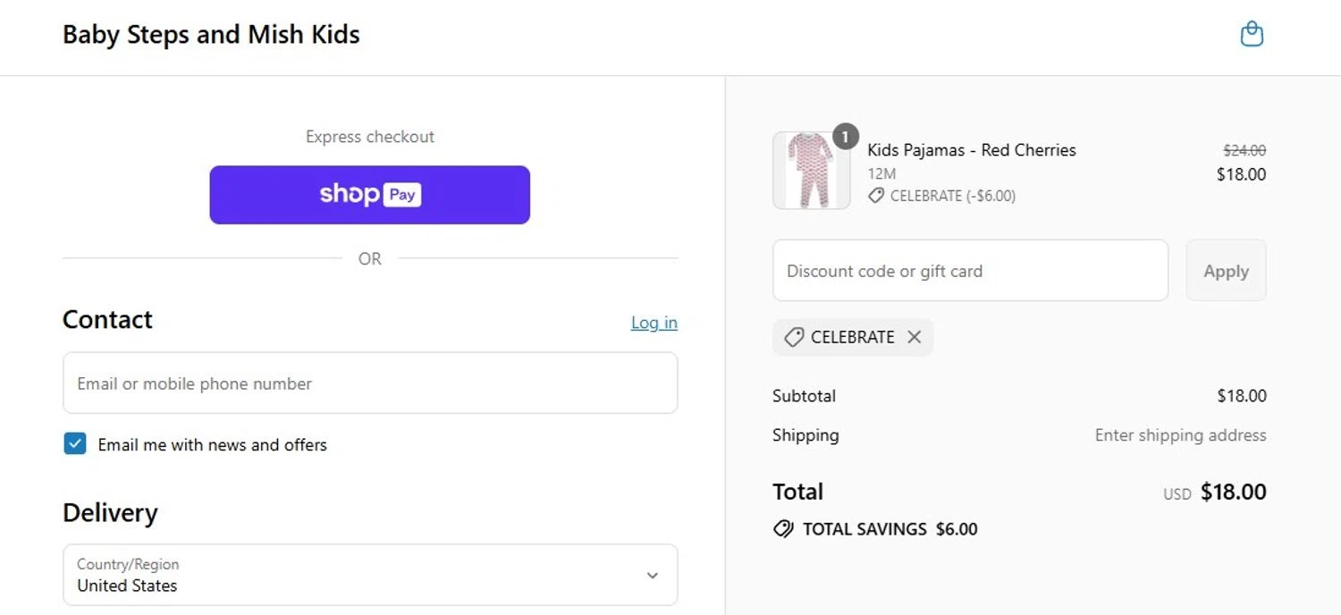 Baby Steps and Mish Kids promo code screenshot showing code CELEBRATE applied at Baby Steps and Mish Kids checkout page. Uploaded by SimplyCodes community member Quemiras on Jul 3, 2025