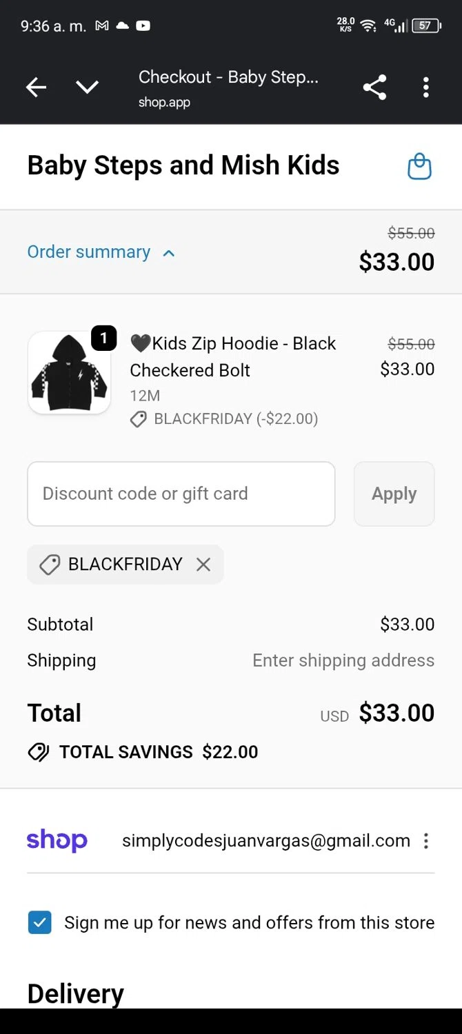 Baby Steps and Mish Kids promo code screenshot showing code BLACKFRIDAY applied at Baby Steps and Mish Kids checkout page. Uploaded by SimplyCodes community member juanvargas1 on Nov 23, 2025