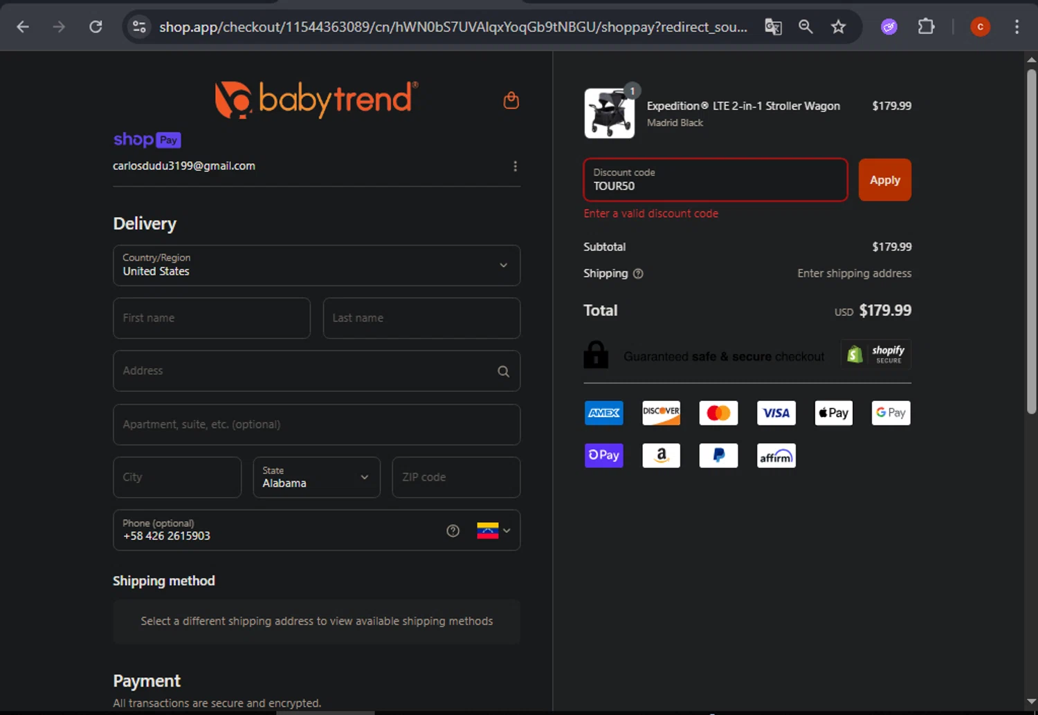 Baby Trend discount code screenshot showing code TOUR50 applied at Baby Trend checkout page. Uploaded by SimplyCodes community member CashSage6731 on Jul 14, 2025