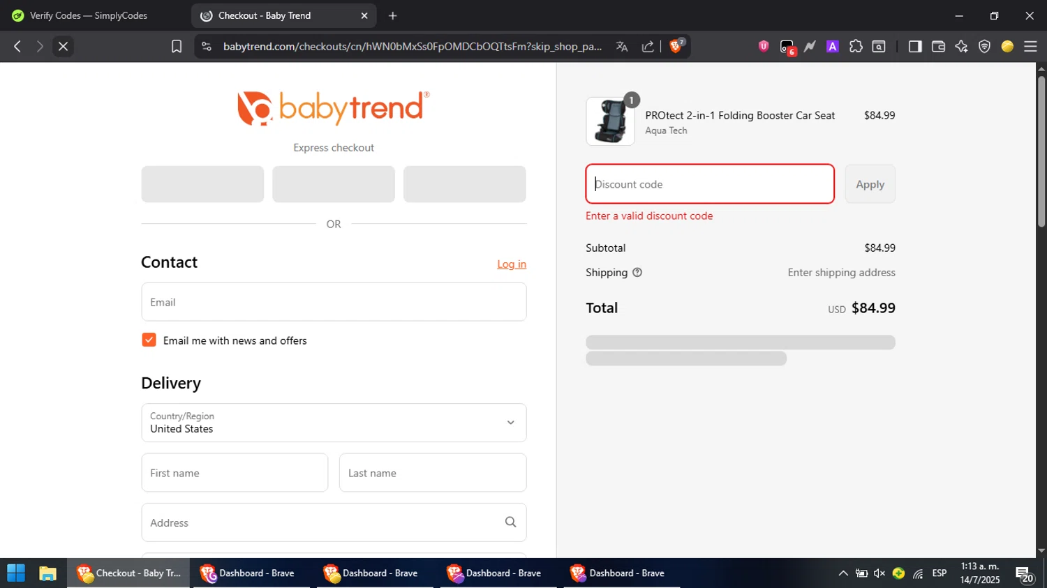 Baby Trend discount code screenshot showing code TOUR50 applied at Baby Trend checkout page. Uploaded by SimplyCodes community member MoneyPilot9165 on Jul 14, 2025