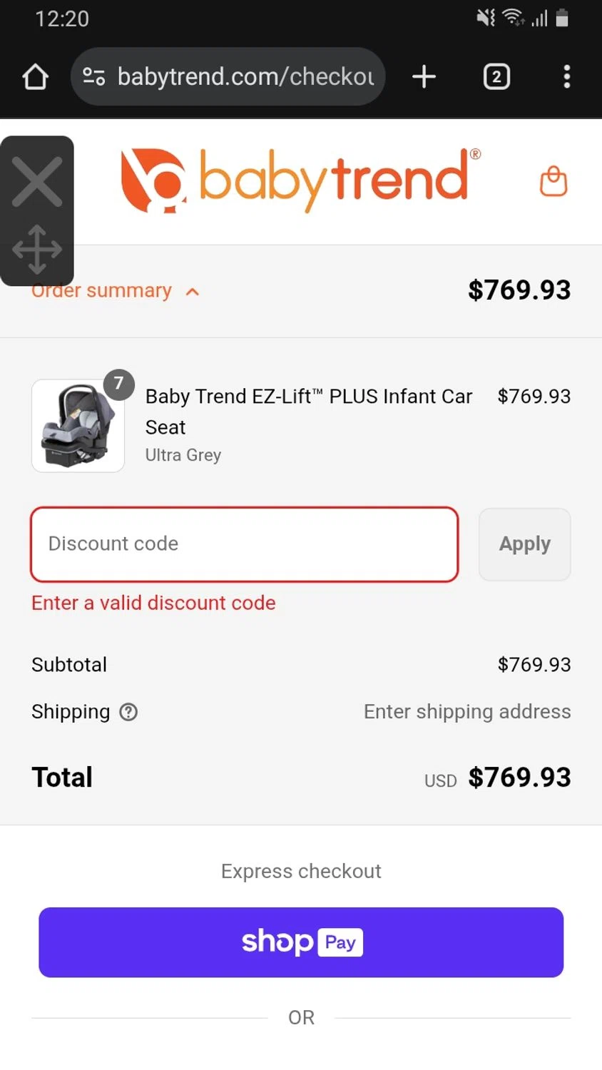 Baby Trend discount code screenshot showing code TOUR50 applied at Baby Trend checkout page. Uploaded by SimplyCodes community member Rafita on Jul 14, 2025