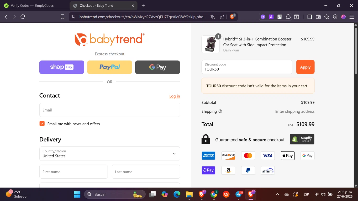 Baby Trend checkout page showing Baby Trend discount code box | Screenshot taken by SimplyCodes community member on Jun 27, 2025