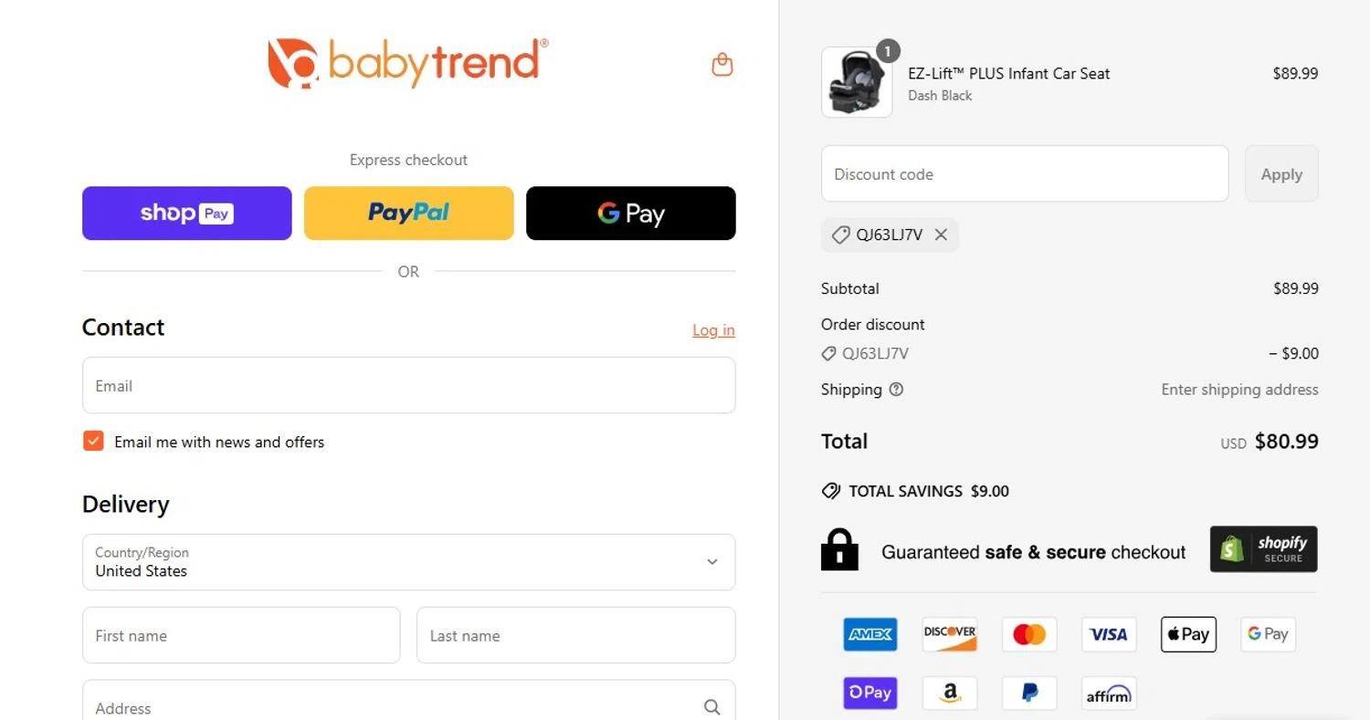 Baby Trend discount code screenshot showing code QJ63LJ7V applied at Baby Trend checkout page. Uploaded by SimplyCodes community member Honoriocolmenarez on May 9, 2025