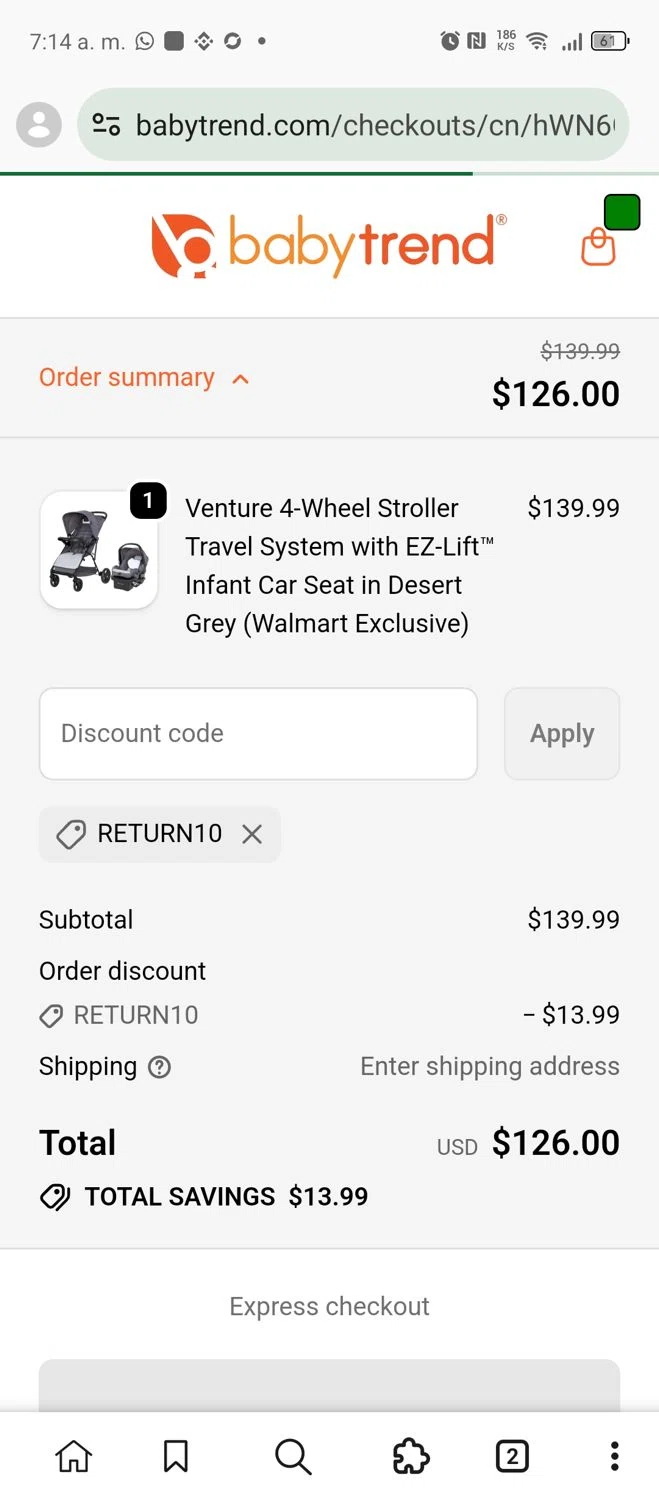 Baby Trend discount code screenshot showing code RETURN10 applied at Baby Trend checkout page. Uploaded by SimplyCodes community member MRDEAL on Dec 10, 2025