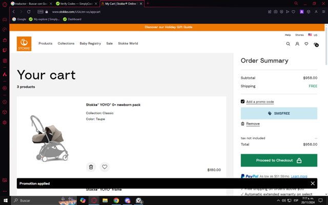 Babyzen checkout page showing Babyzen discount code box | Screenshot taken by SimplyCodes community member on Nov 20, 2024