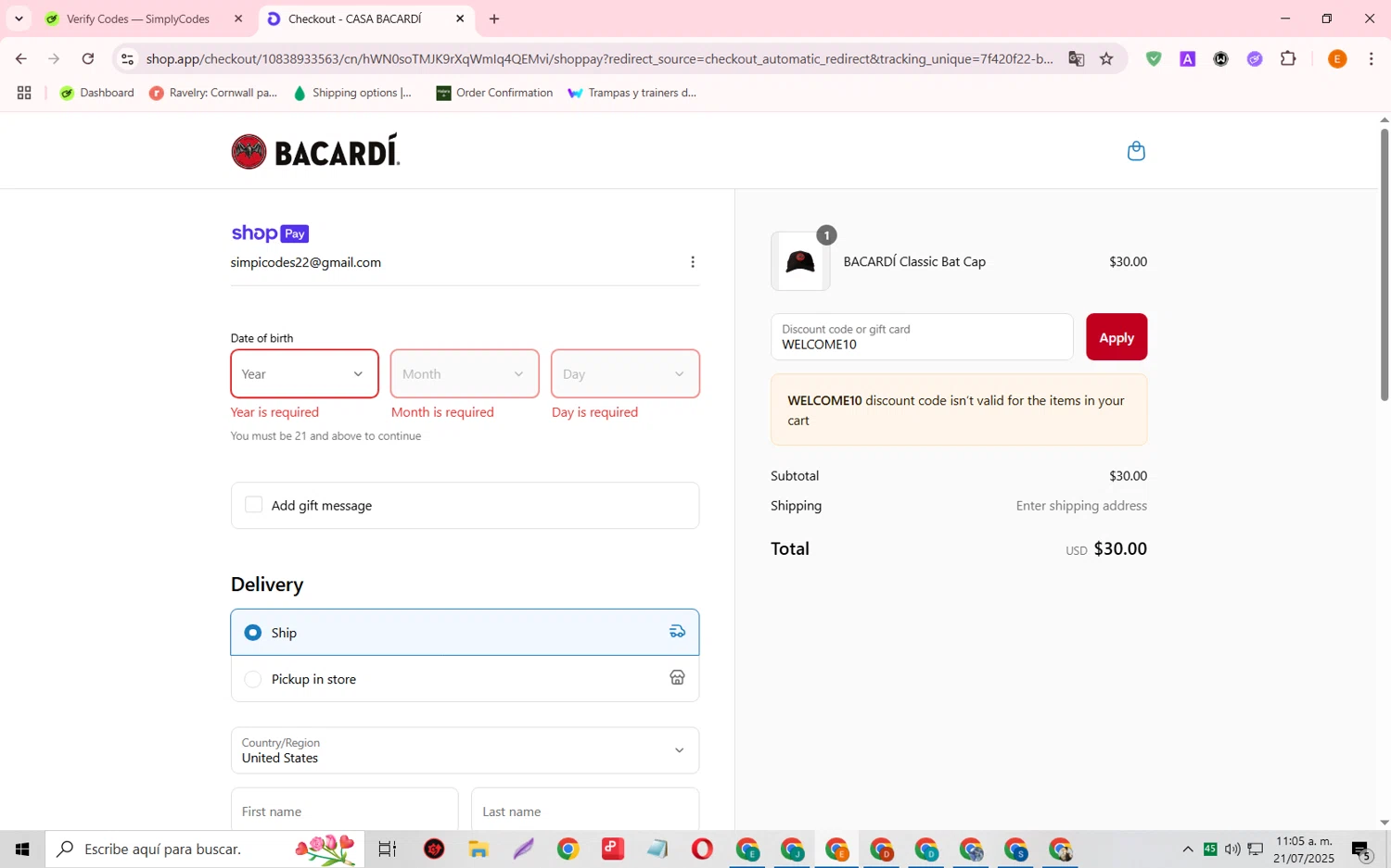 Bacardi promo code screenshot showing code WELCOME10 applied at Bacardi checkout page. Uploaded by SimplyCodes community member RewardFalcon3197 on Jul 21, 2025