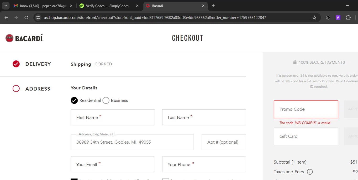 Bacardi promo code screenshot showing code WELCOME15 applied at Bacardi checkout page. Uploaded by SimplyCodes community member Eminem on Oct 6, 2025