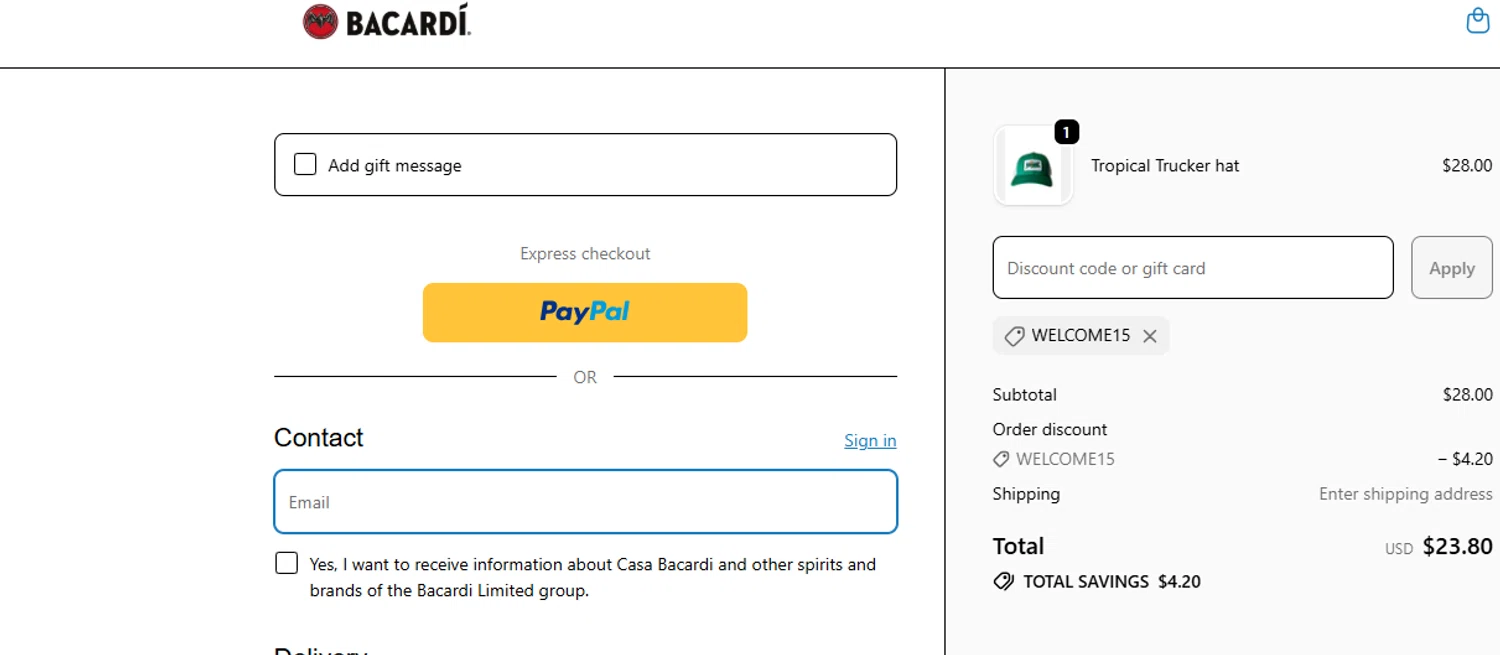 Bacardi promo code screenshot showing code WELCOME15 applied at Bacardi checkout page. Uploaded by SimplyCodes community member ashe1986 on Oct 6, 2025
