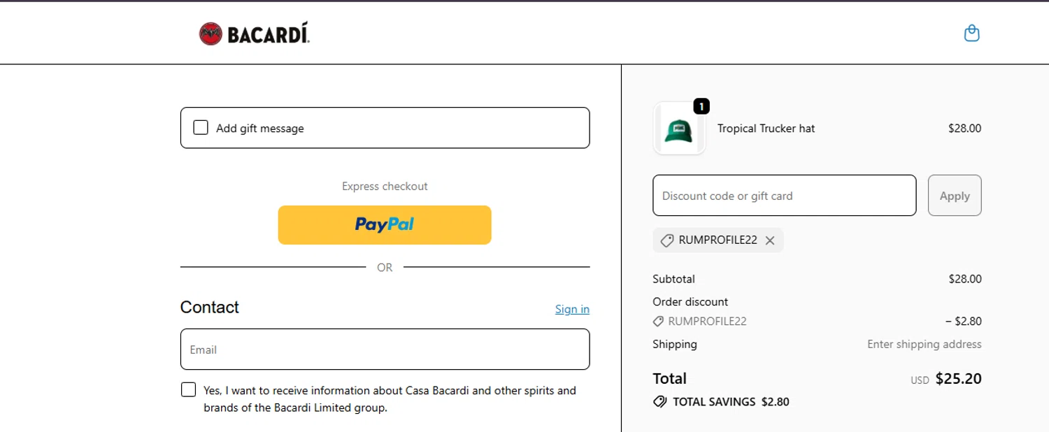 Bacardi promo code screenshot showing code RUMPROFILE22 applied at Bacardi checkout page. Uploaded by SimplyCodes community member ashe1986 on Oct 6, 2025