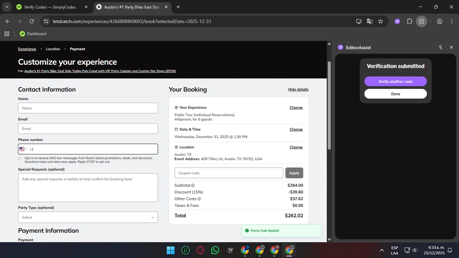 Bach promo code screenshot showing code PARTYON15 applied at Bach checkout page. Uploaded by SimplyCodes community member SunJinWoo on Dec 25, 2025