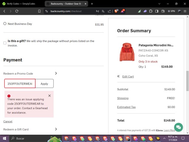 Backcountry checkout page showing Backcountry promo code box | Screenshot taken by SimplyCodes community member on Jul 8, 2024