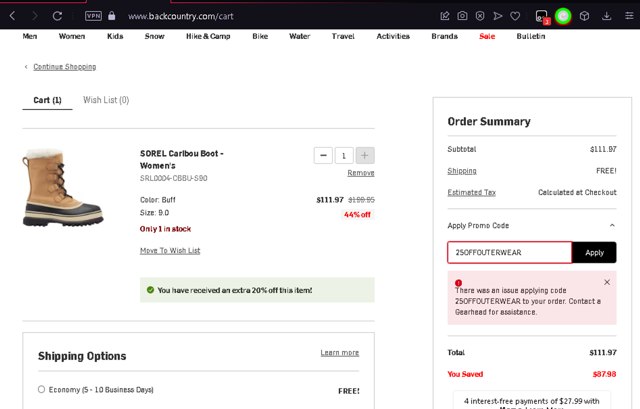 Backcountry checkout page showing Backcountry promo code box | Screenshot taken by SimplyCodes community member on Feb 7, 2024