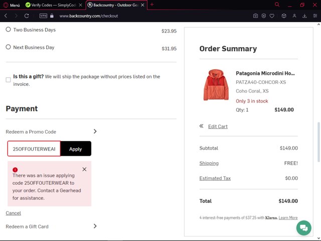 Backcountry checkout page showing Backcountry promo code box | Screenshot taken by SimplyCodes community member on Jul 7, 2024