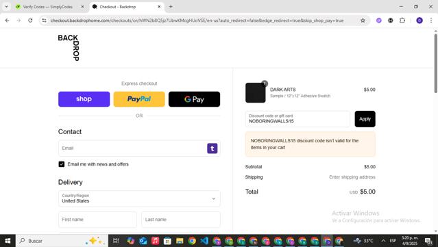 Backdrop checkout page showing Backdrop promo code box | Screenshot taken by SimplyCodes community member on Sep 4, 2025