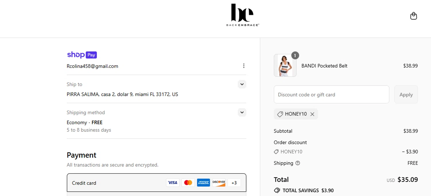 Back Embrace promo code screenshot showing code HONEY10 applied at Back Embrace checkout page. Uploaded by SimplyCodes community member Acidwire on Jul 12, 2025