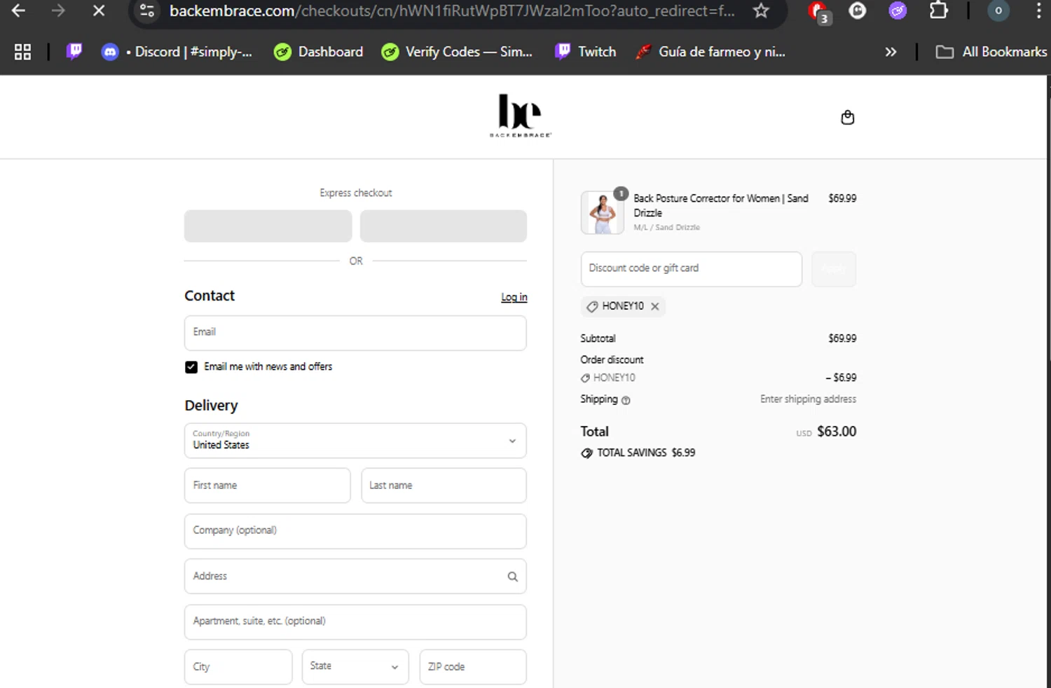 Back Embrace promo code screenshot showing code HONEY10 applied at Back Embrace checkout page. Uploaded by SimplyCodes community member DealHero3744 on Aug 11, 2025