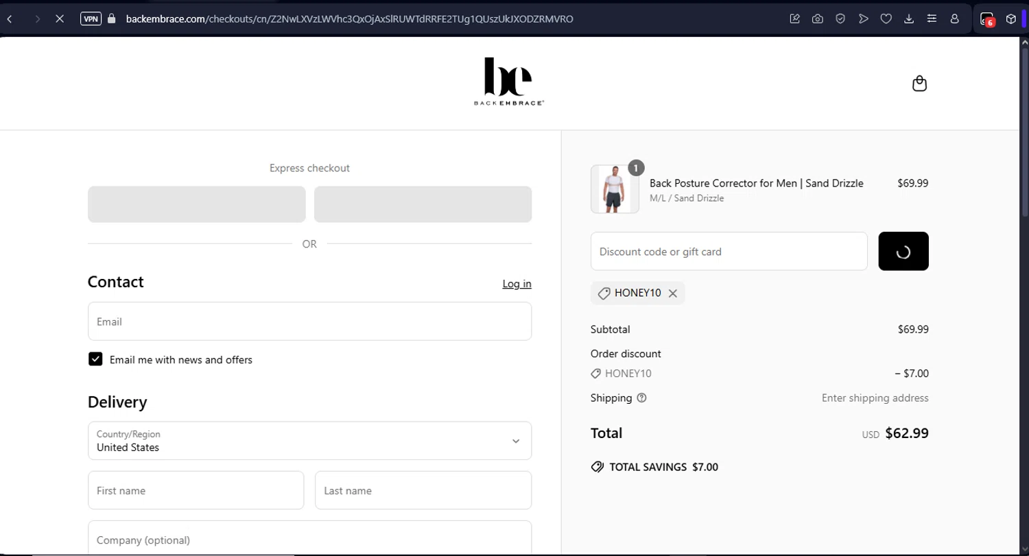 Back Embrace promo code screenshot showing code HONEY10 applied at Back Embrace checkout page. Uploaded by SimplyCodes community member Fabio05 on May 9, 2025