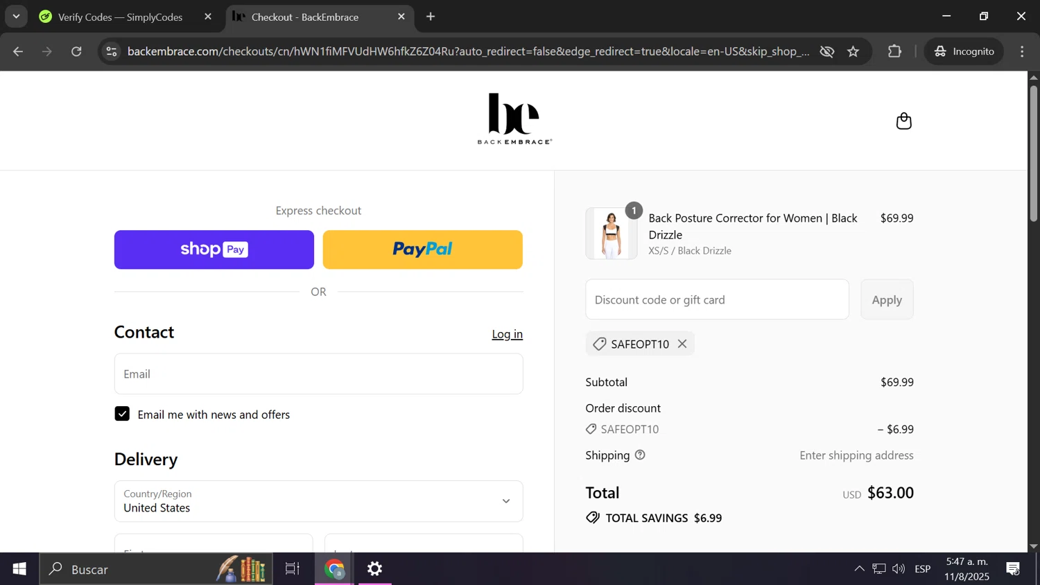 Back Embrace promo code screenshot showing code SAFEOPT10 applied at Back Embrace checkout page. Uploaded by SimplyCodes community member Frizk_1 on Aug 11, 2025