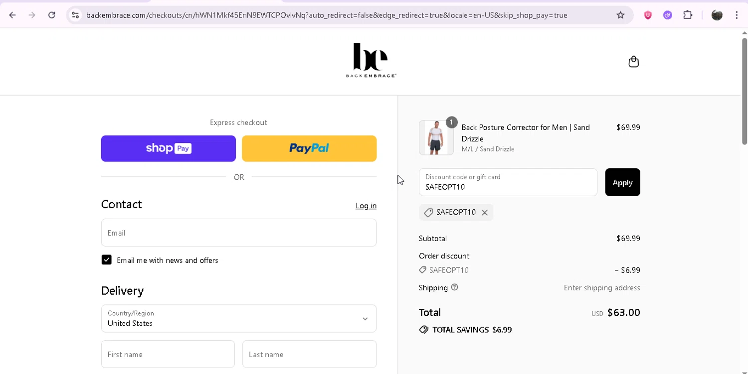 Back Embrace promo code screenshot showing code SAFEOPT10 applied at Back Embrace checkout page. Uploaded by SimplyCodes community member JASTIFY on Aug 3, 2025
