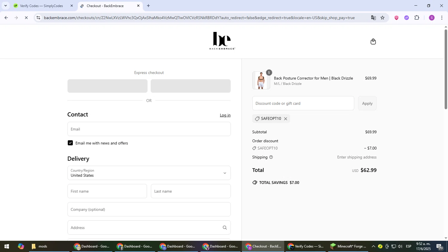 Back Embrace promo code screenshot showing code SAFEOPT10 applied at Back Embrace checkout page. Uploaded by SimplyCodes community member Son_Goku on Jun 17, 2025