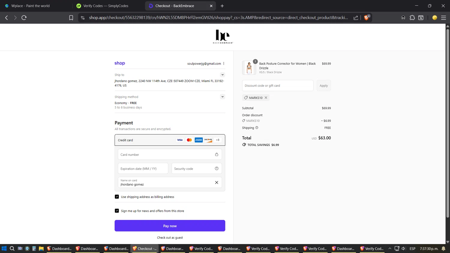 Back Embrace promo code screenshot showing code MARKS10 applied at Back Embrace checkout page. Uploaded by SimplyCodes community member ZoilaPerrita on Aug 28, 2025