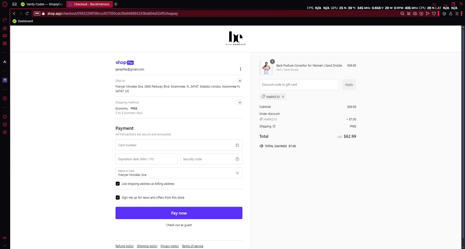 Back Embrace promo code screenshot showing code MARKS10 applied at Back Embrace checkout page. Uploaded by SimplyCodes community member EpicShopper9410 on Jan 17, 2025